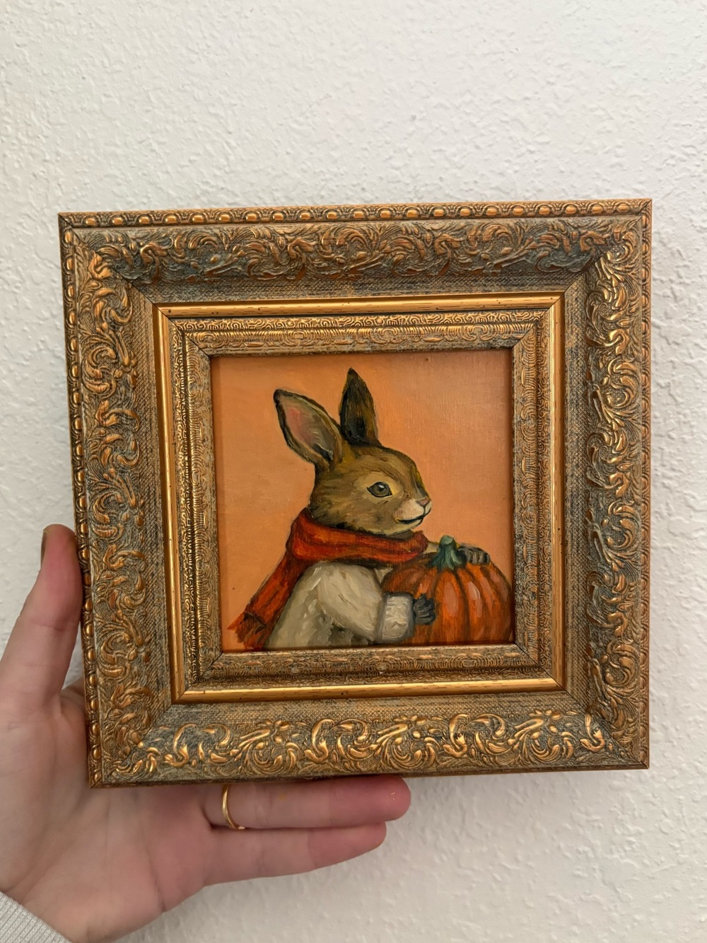 "Bunny’s perfect pumpkin” Original oil painting on wood board mini framed 4x4"